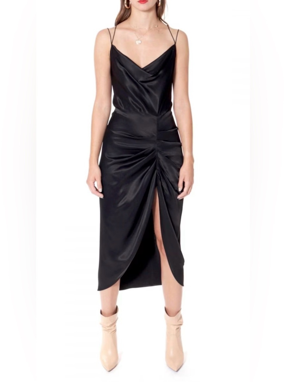 Black Satin Cowl Neck Ruched Midi Dress